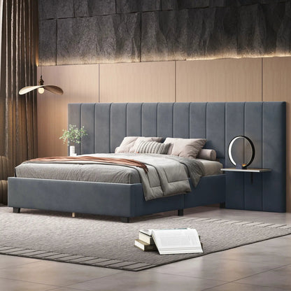Upholstered platform bed with big blue-gray headboard by Unique Piece Furniture on Tampa Home & Garden Store