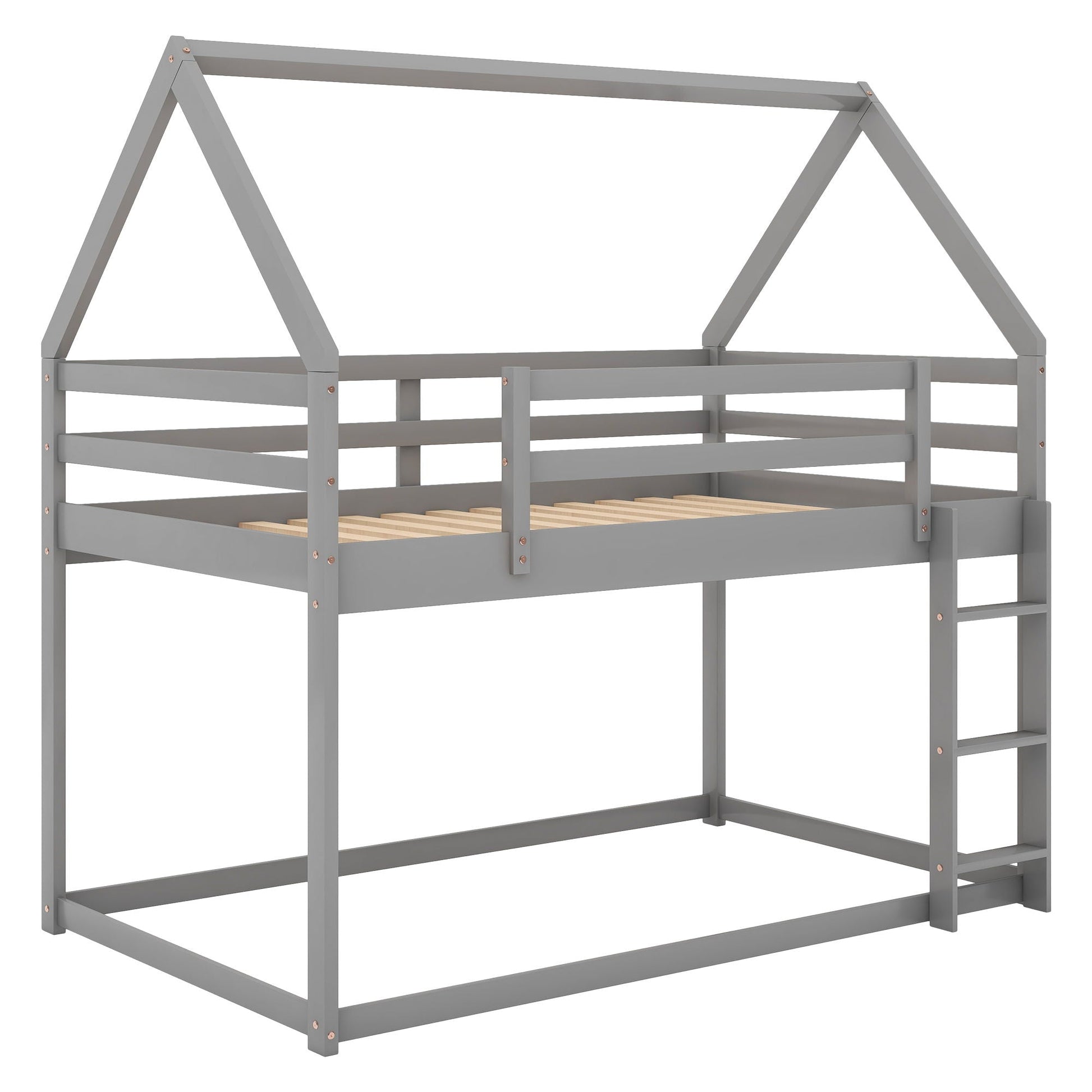 Low bunk bed by HouseOfZazla, gray wooden frame with a house-shaped top and ladder on Tampa Home & Garden Store