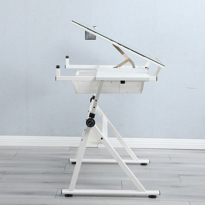 White adjustable tempered-glass drafting table with metal frame and mesh storage shelf on Tampa Home & Garden Store