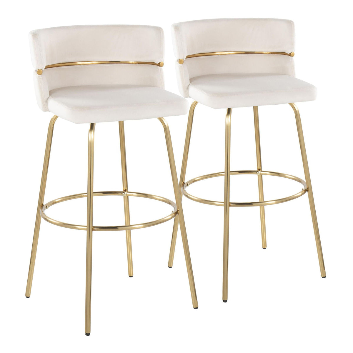 Glam Art Deco fixed-height barstool set, beige upholstery with gold metal frames, 2 stools on Tampa Home & Garden Store