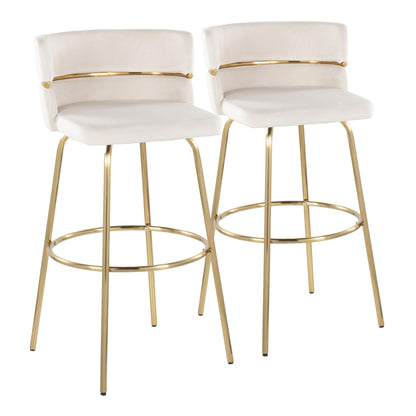 Glam Art Deco fixed-height barstool set, beige upholstery with gold metal frames, 2 stools on Tampa Home & Garden Store
