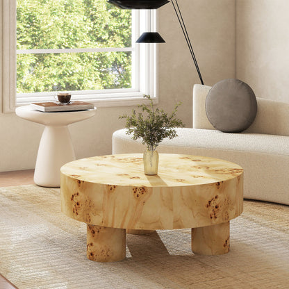 Nebula round burl wood coffee table with warm natural brown finish and pillar legs on Tampa Home & Garden Store