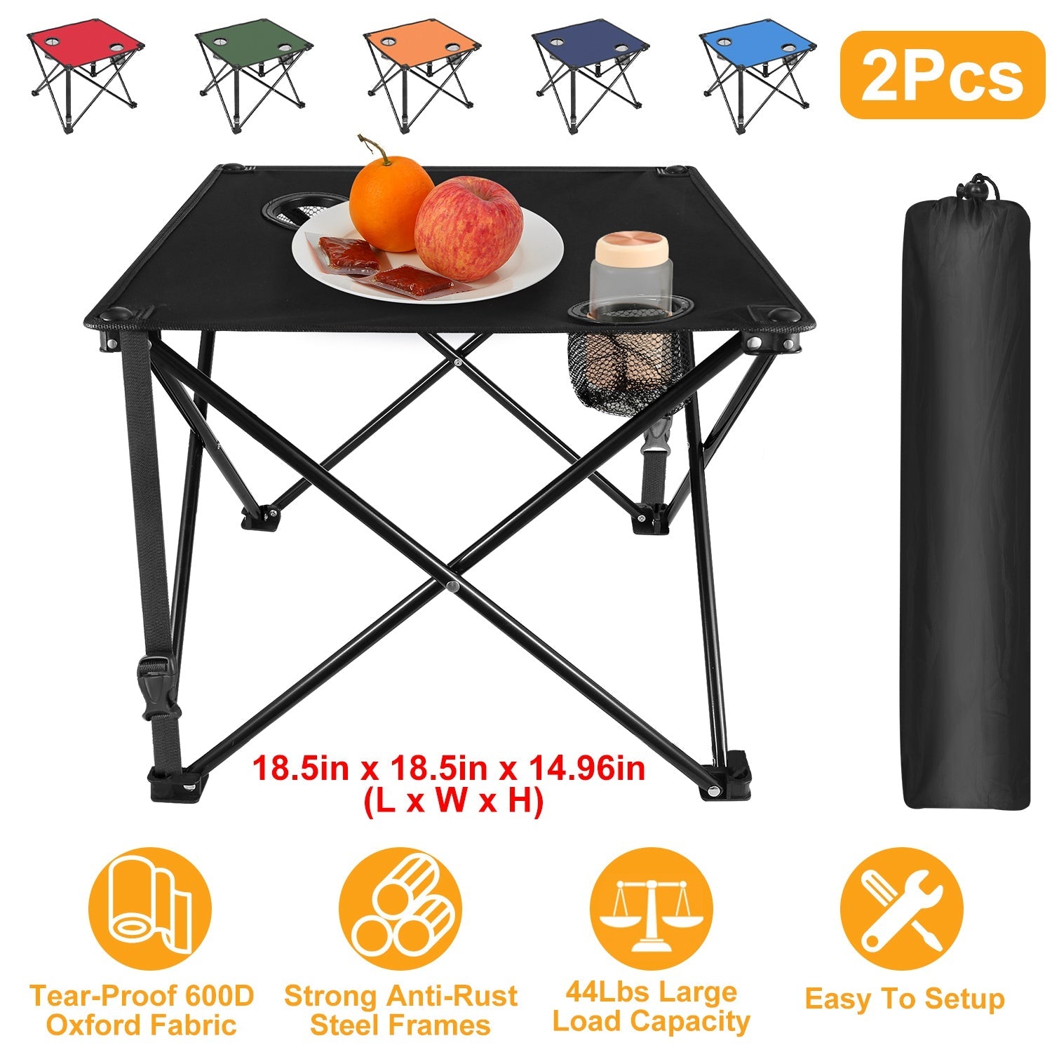 GemGear 2Pcs Foldable Camping Table with black top, 2 cup holders, carrying bag on Tampa Home & Garden Store
