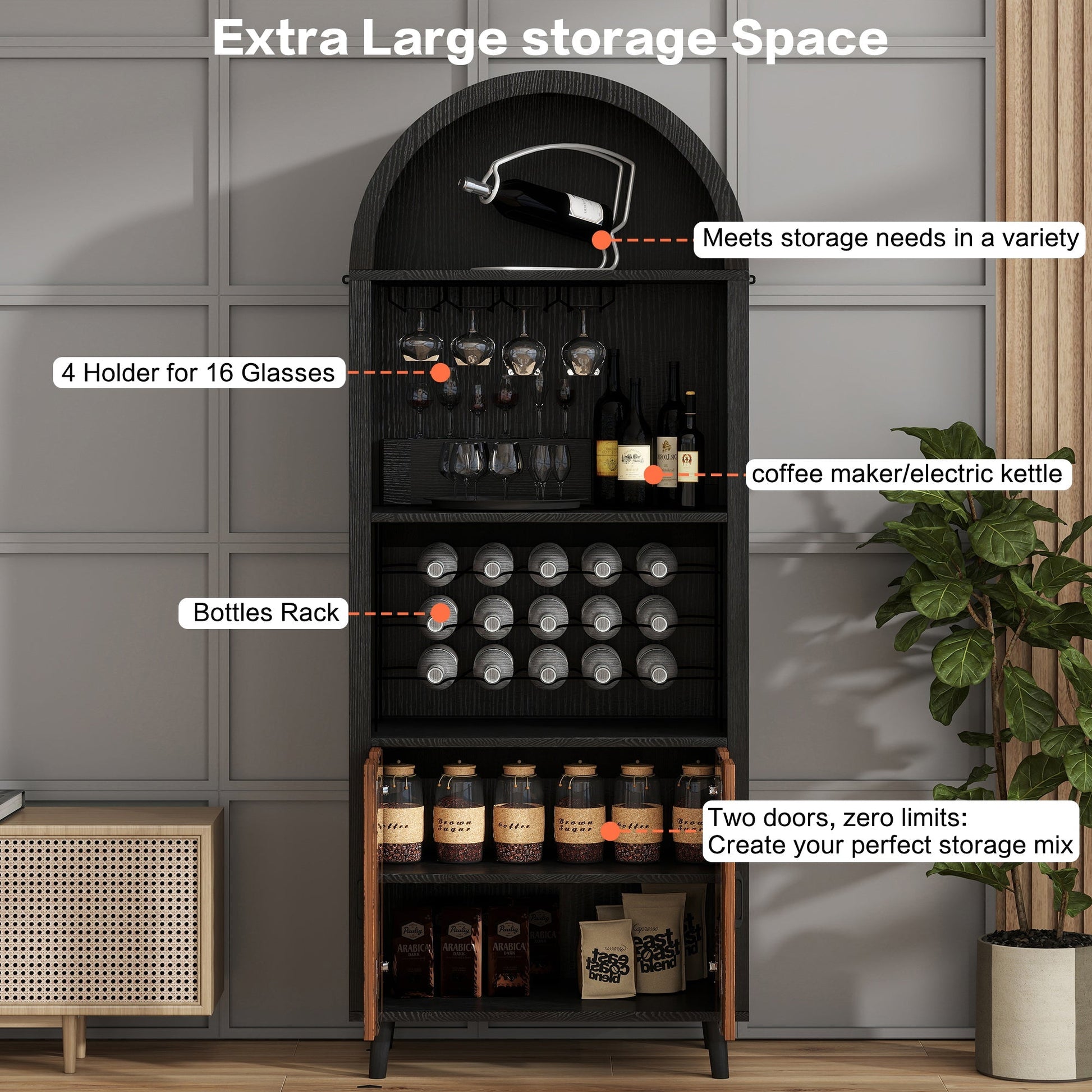 71-inch farmhouse arched wine bar cabinet in dark espresso with glass holders and bottle rack on Tampa Home & Garden Store