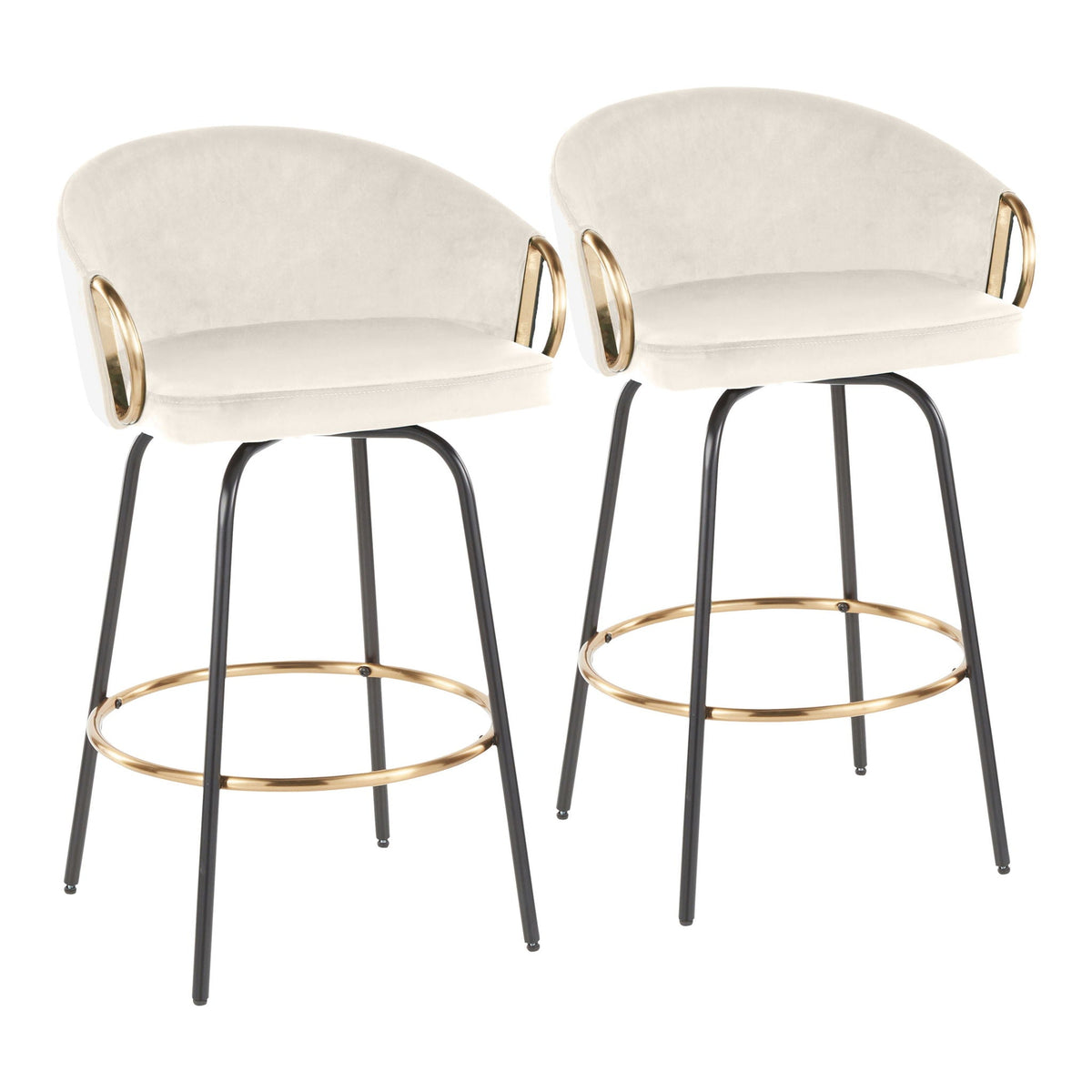 Beige upholstered contemporary glam counter stools, set of 2 with gold rings and black legs on Tampa Home & Garden Store
