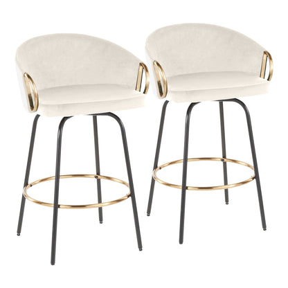 Beige upholstered contemporary glam counter stools, set of 2 with gold rings and black legs on Tampa Home & Garden Store