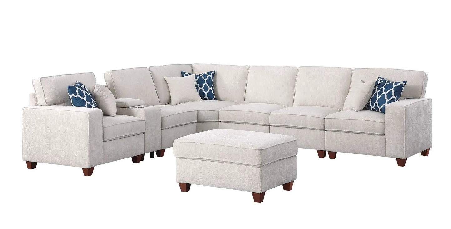 Rene beige 2-piece sectional sofa with ottoman by Unique Piece Furniture, blue pillows on Tampa Home & Garden Store