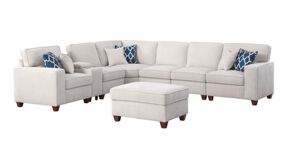 Rene beige 2-piece sectional sofa with ottoman by Unique Piece Furniture, blue pillows on Tampa Home & Garden Store
