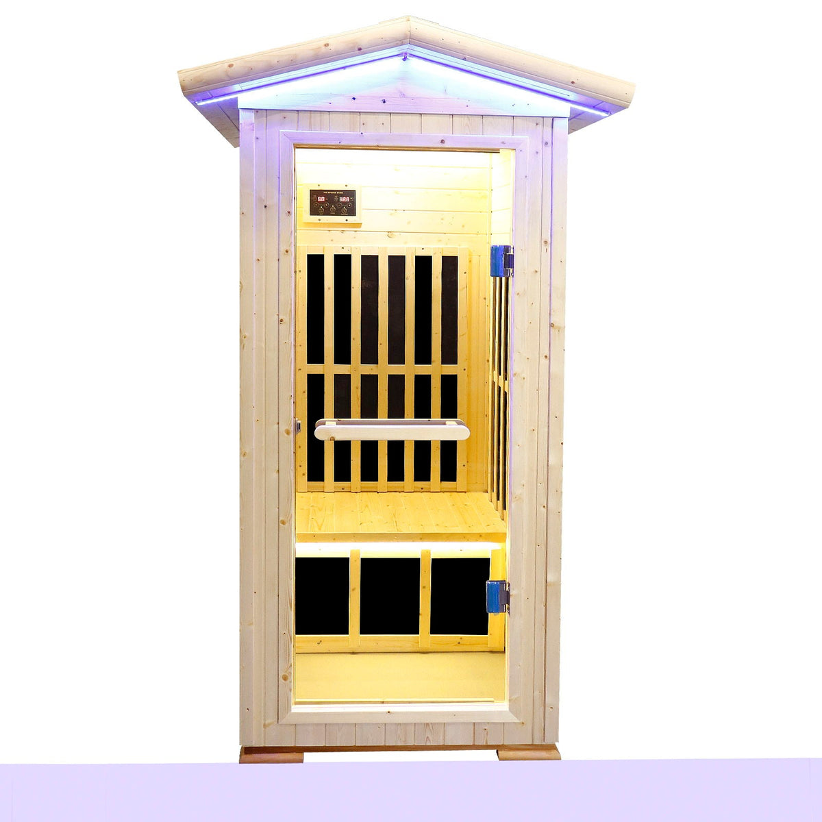 Single person spruce infrared sauna with Bluetooth audio, natural wood, blue interior lighting on Tampa Home & Garden Store