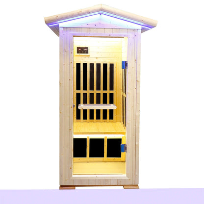 Single person spruce infrared sauna with Bluetooth audio, natural wood, blue interior lighting on Tampa Home & Garden Store