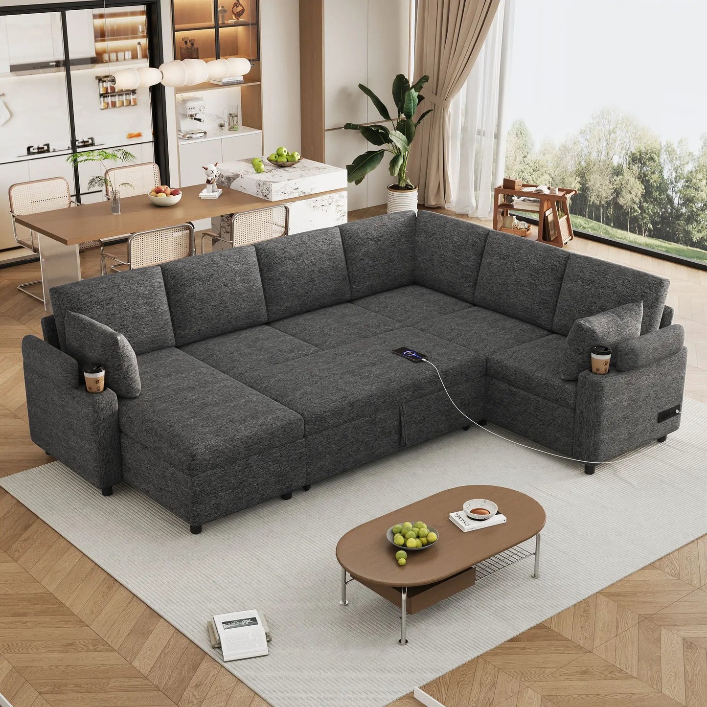 U Shaped Sectional Sleeper Sofa With Ports