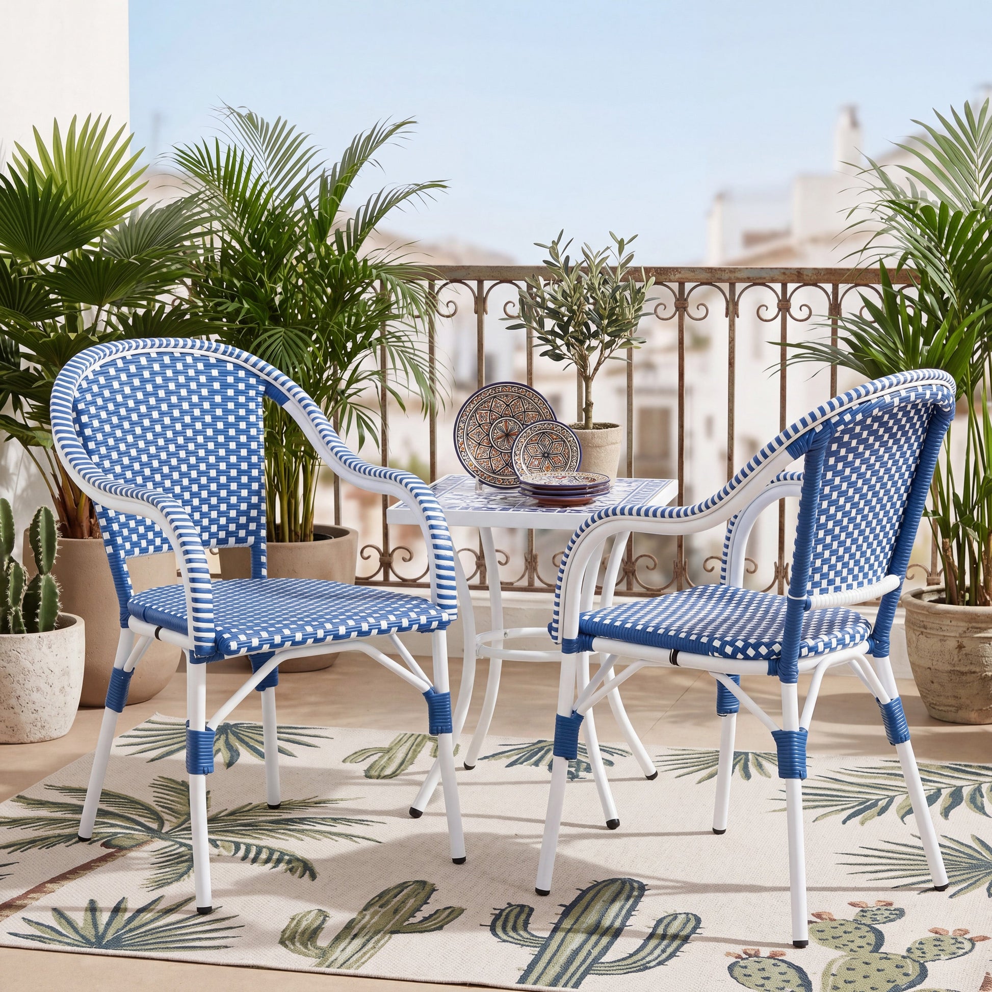 Outdoor Bistro Chairs with Aluminum Frame, blue and white woven seats, 2-pack on Tampa Home & Garden Store