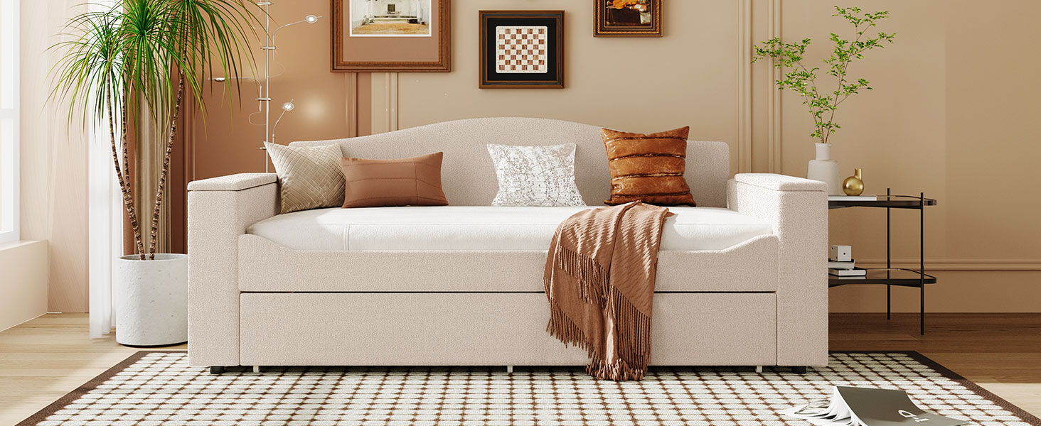 Upholstered beige daybed with storage drawers and a neutral throw, living room setup on Tampa Home & Garden Store