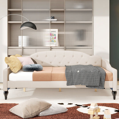 Upholstered tufted daybed in beige with light wood legs by HouseOfZazla on Tampa Home & Garden Store