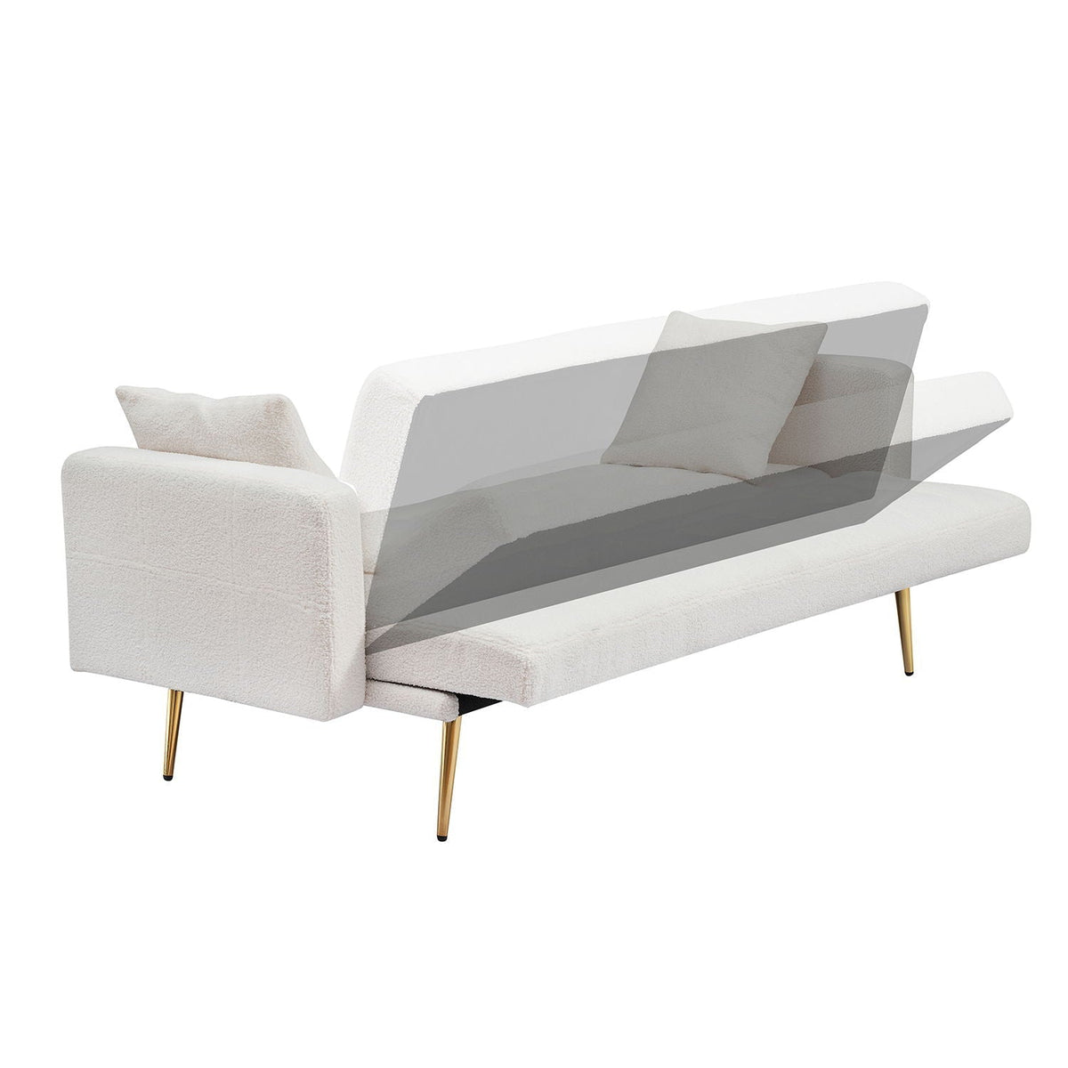 Teddy fleece futon sofa bed with plush throw pillows, white upholstery and gold legs on Tampa Home & Garden Store