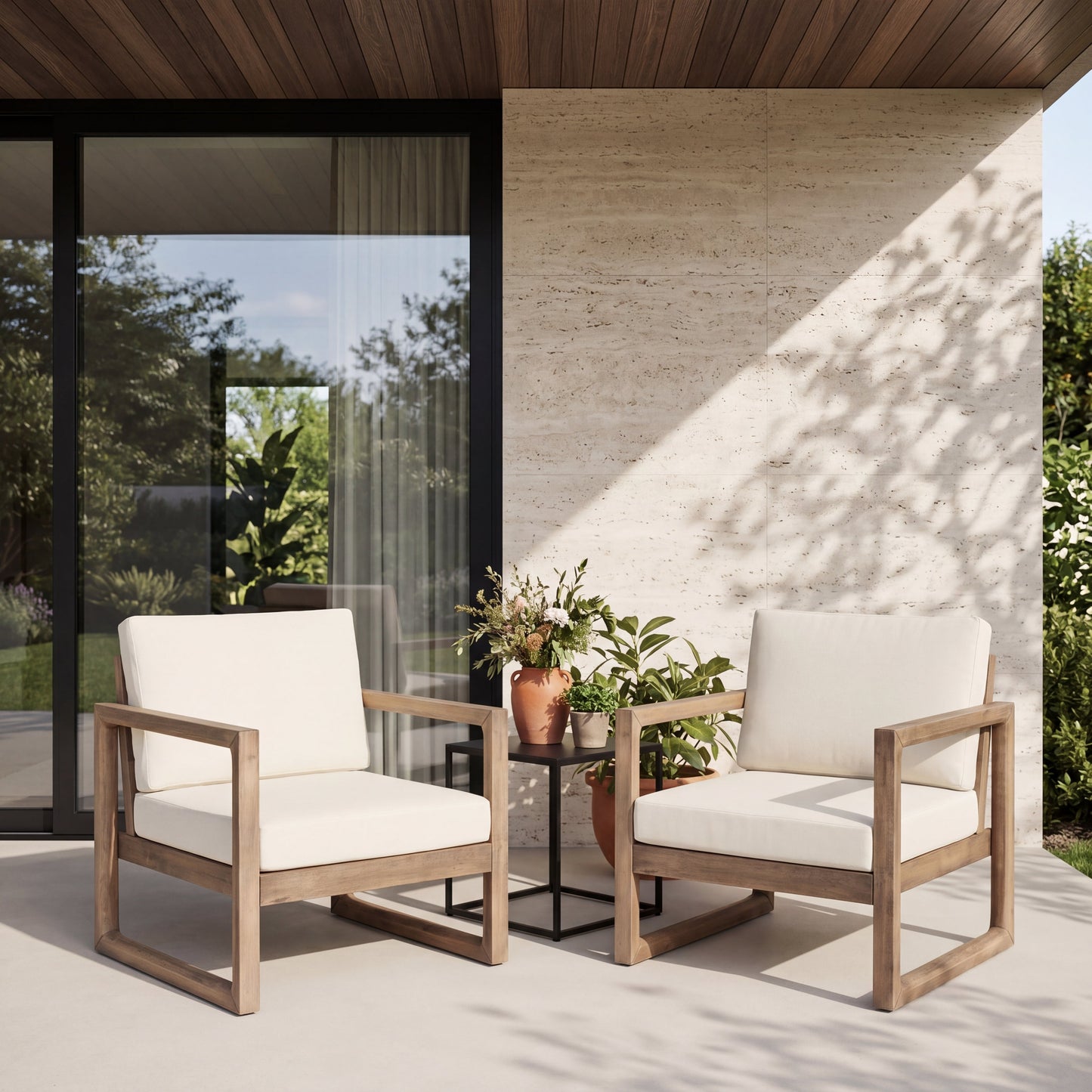 Set of 2 outdoor acacia wood patio club chairs with beige cushions on Tampa Home & Garden Store