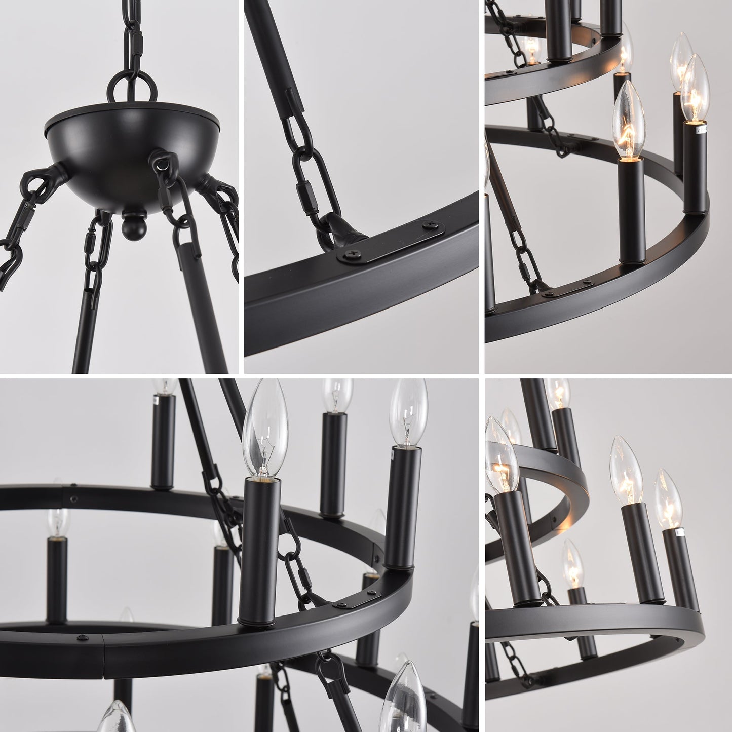 39.37 Inch 3-Tier Wagon Wheel Chandelier black metal with Edison bulbs HouseOfZazla on Tampa Home & Garden Store