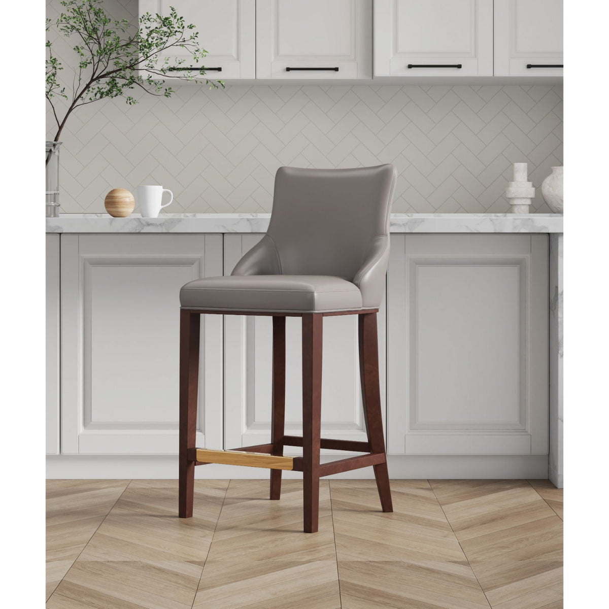 Shubert Barstool taupe faux leather, curved back, dark wood legs, HouseOfZazla bar height 28–30 on Tampa Home & Garden Store