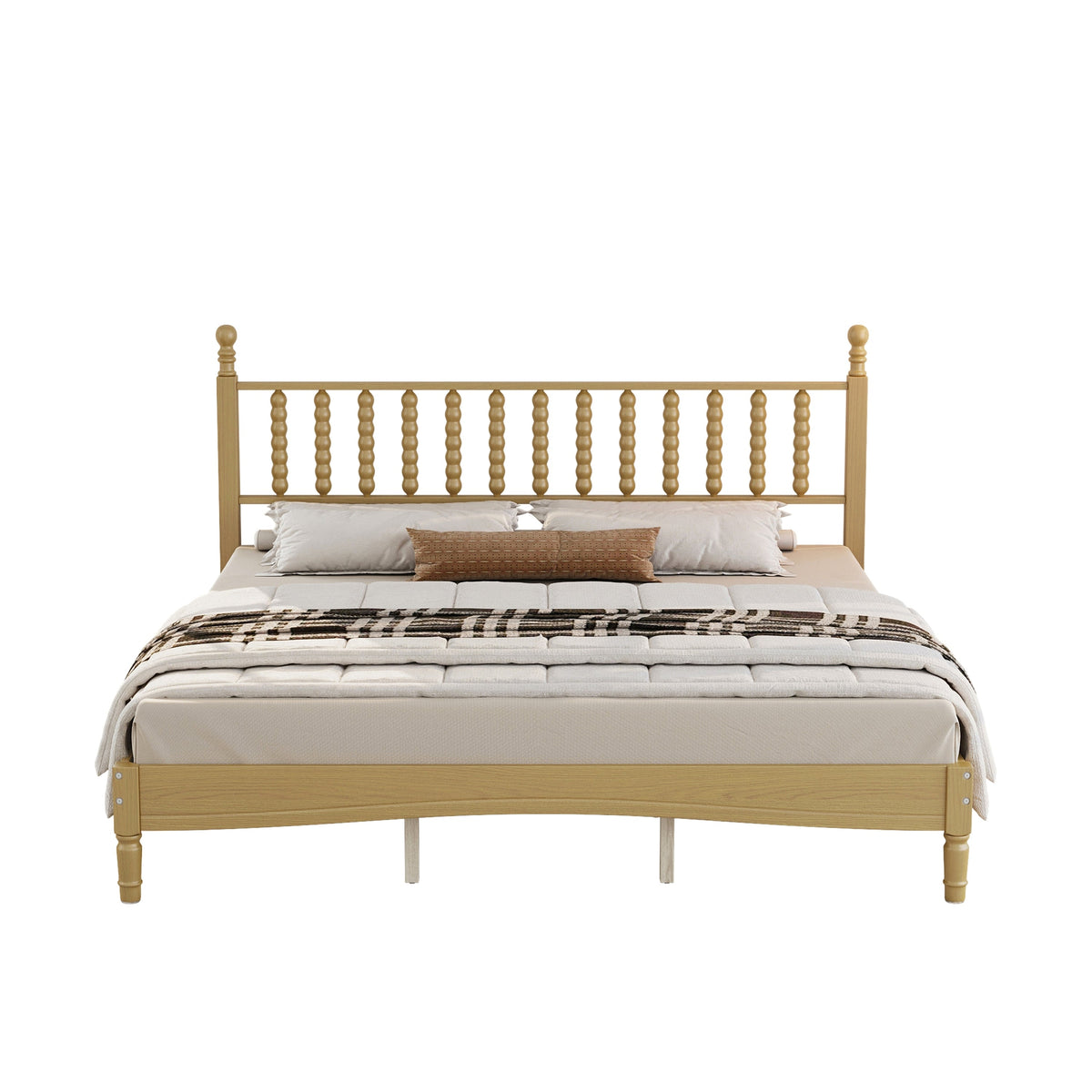 King size wooden platform bed with gourd-shaped spindle headboard in natural oak by HouseOfZazla on Tampa Home & Garden Store