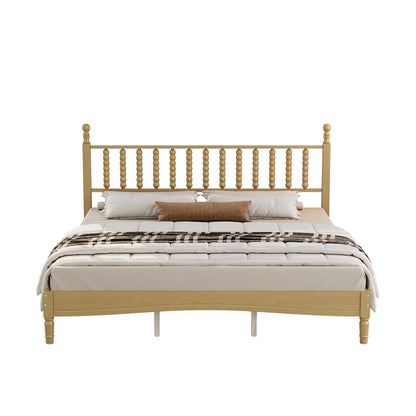 King size wooden platform bed with gourd-shaped spindle headboard in natural oak by HouseOfZazla on Tampa Home & Garden Store