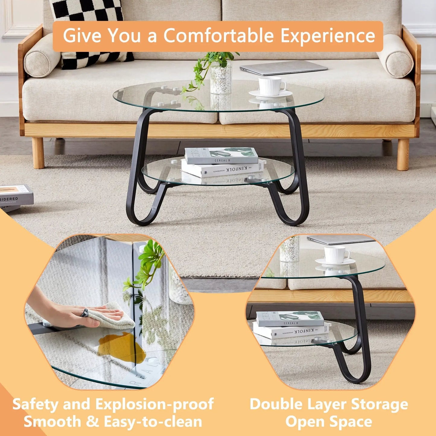 Double Layer Coffee Table by Unique Piece Furniture with round glass top and lower shelf on Tampa Home & Garden Store