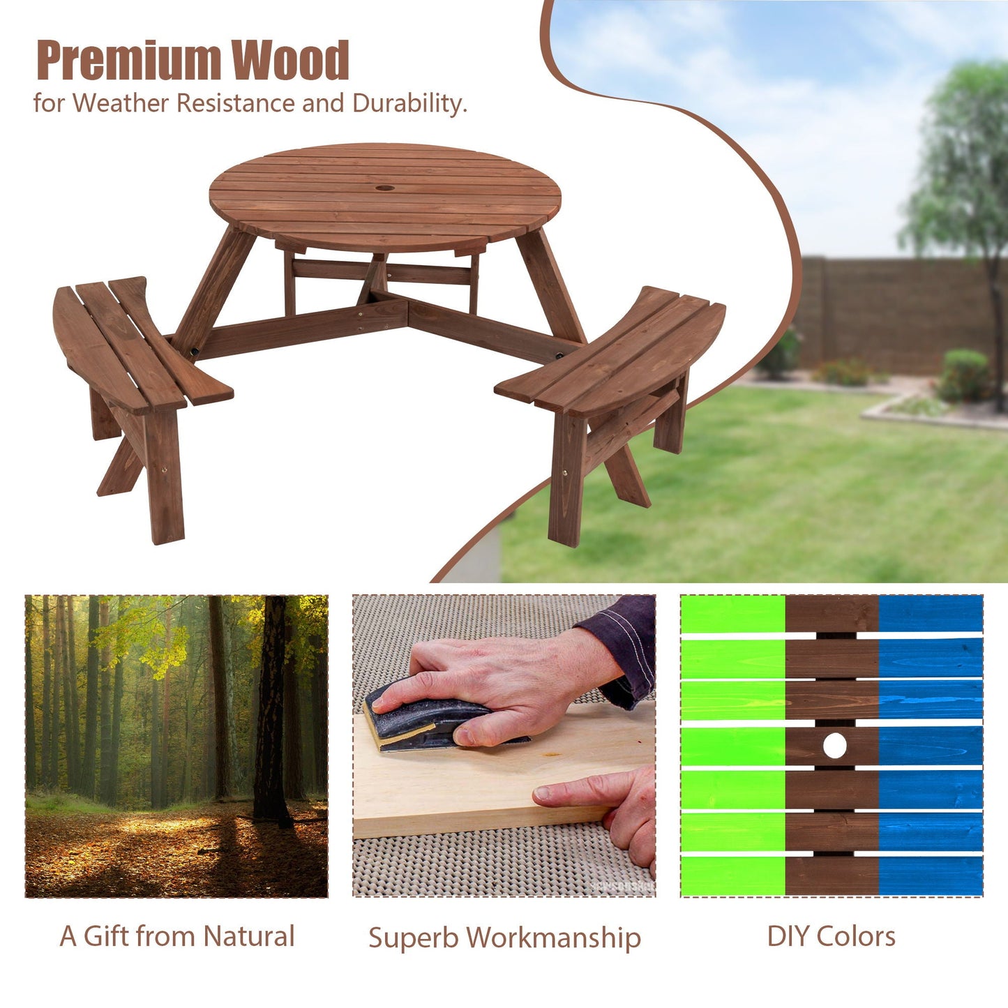 Six Person Outdoor Wooden Picnic Table for Patio