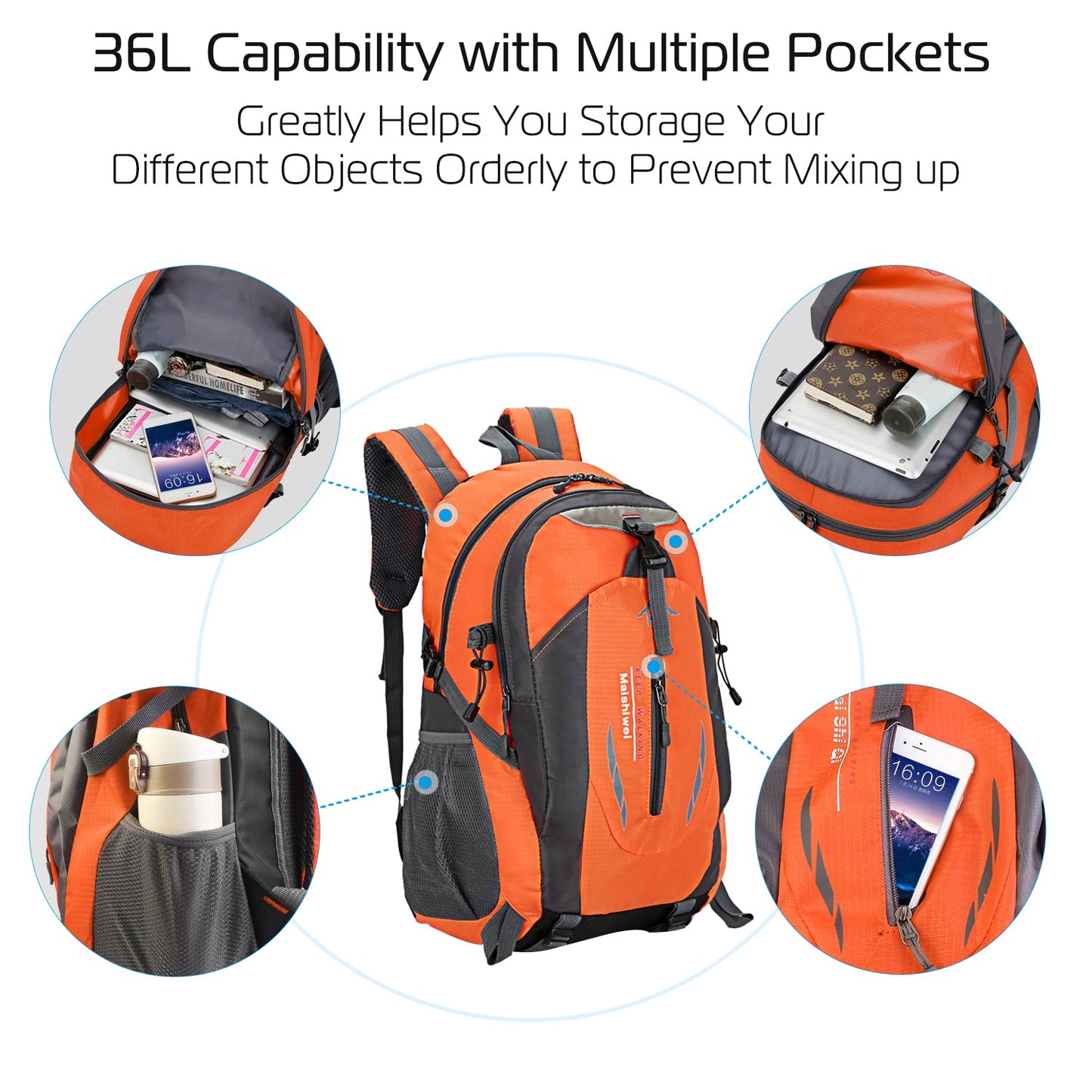 36L waterproof hiking backpack GemGear orange/gray with multiple pockets on Tampa Home & Garden Store