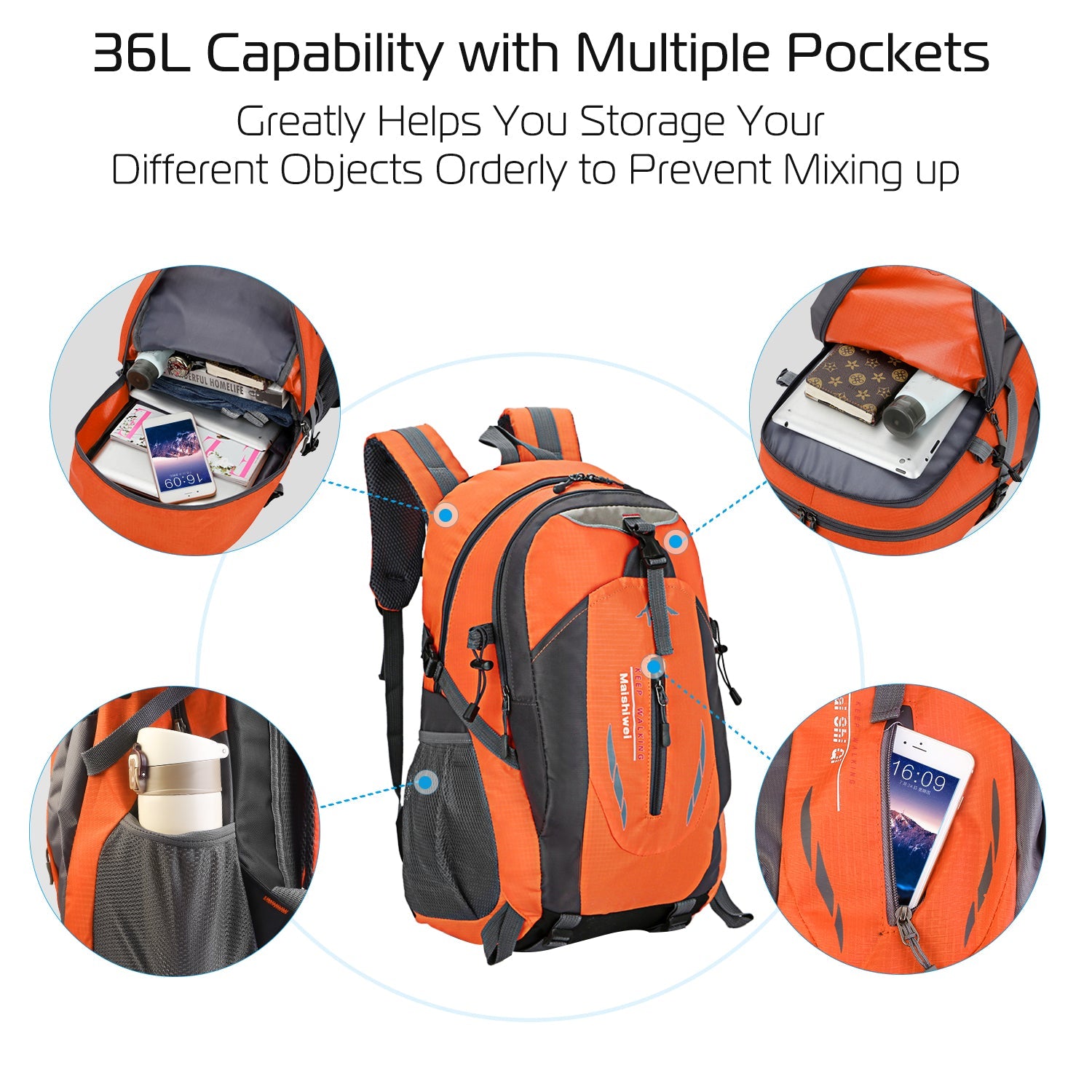36L waterproof hiking backpack GemGear orange/gray with multiple pockets on Tampa Home & Garden Store