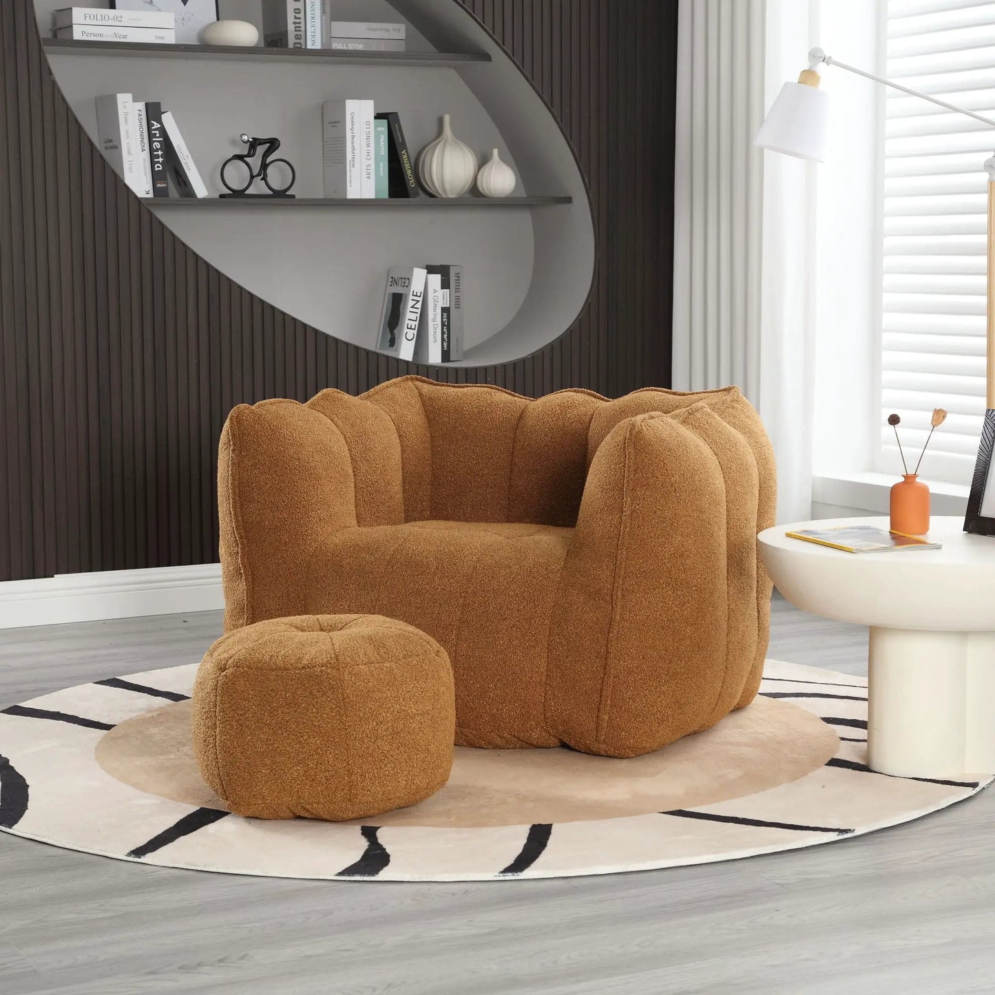 Soft bean bag chair with high resilient foam, brown plush upholstery; chair & ottoman on Tampa Home & Garden Store