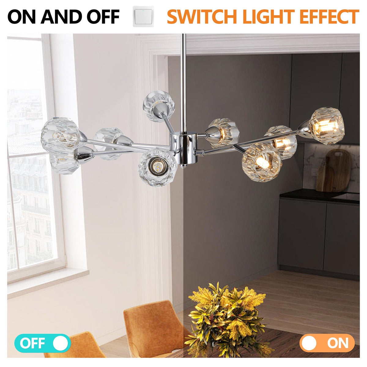 28-inch modern crystal chandelier by HouseOfZazla with nine glass globe bulbs and chrome arms on Tampa Home & Garden Store