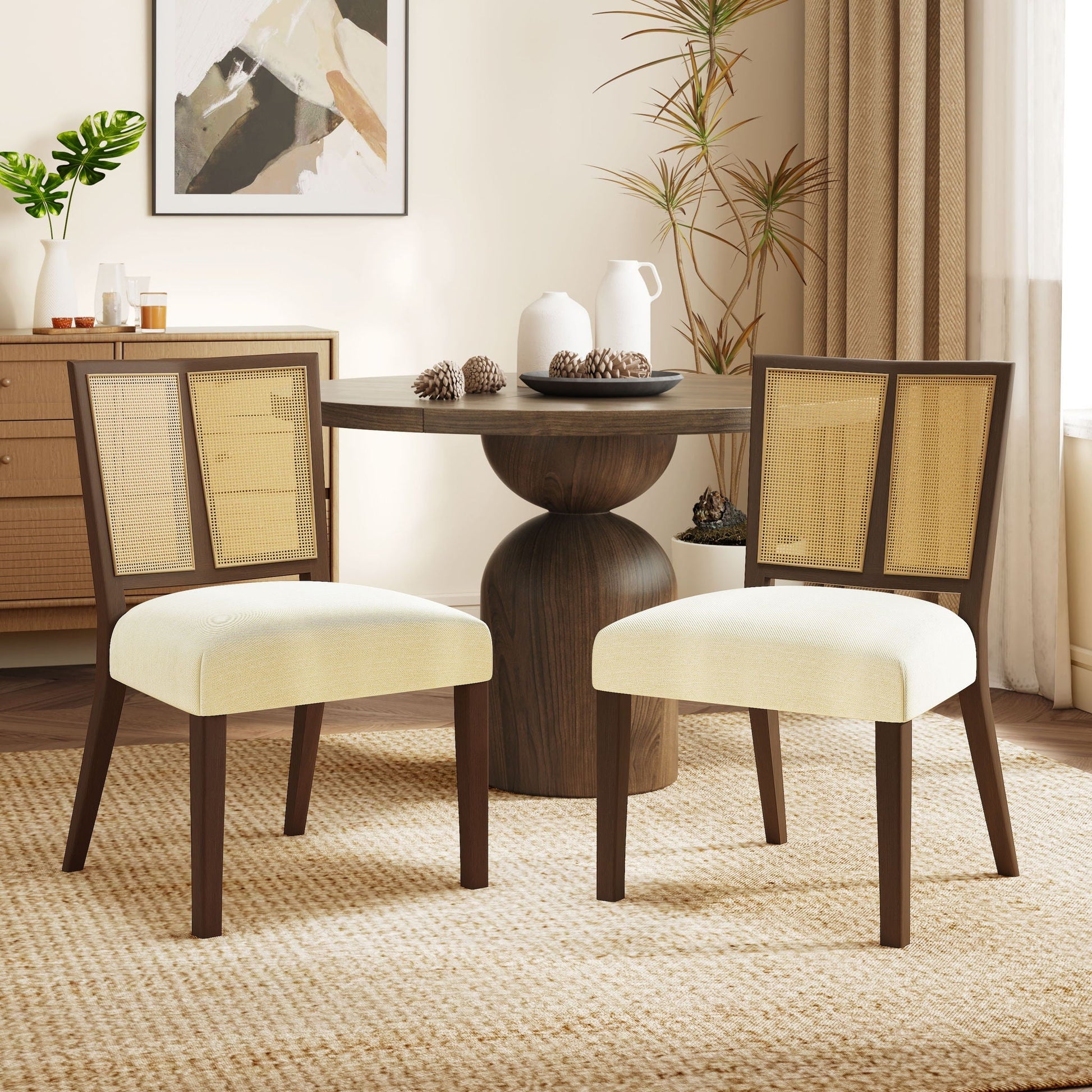 Mid Century Rattan Dining Chair Set without arms with cane back dark wood by HouseOfZazla on Tampa Home & Garden Store