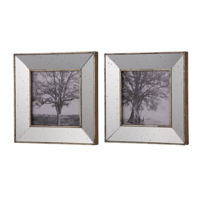 Two silver vintage reflective picture frames with speckled borders and tree photos inside on Tampa Home & Garden Store