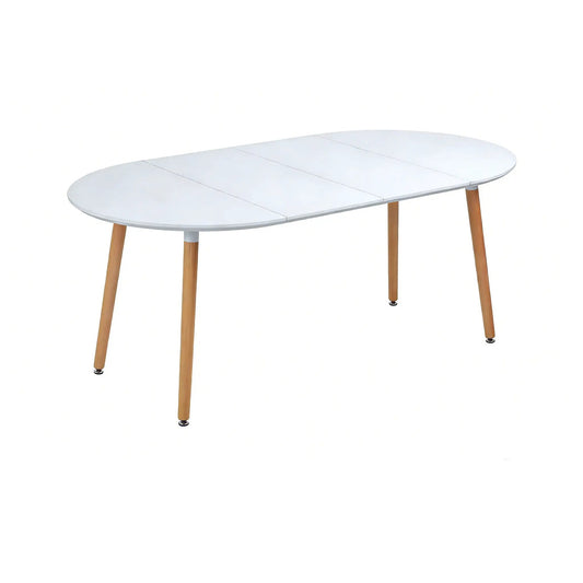 Extensible white oval dining table with seam lines and wooden tapered legs on Tampa Home & Garden Store