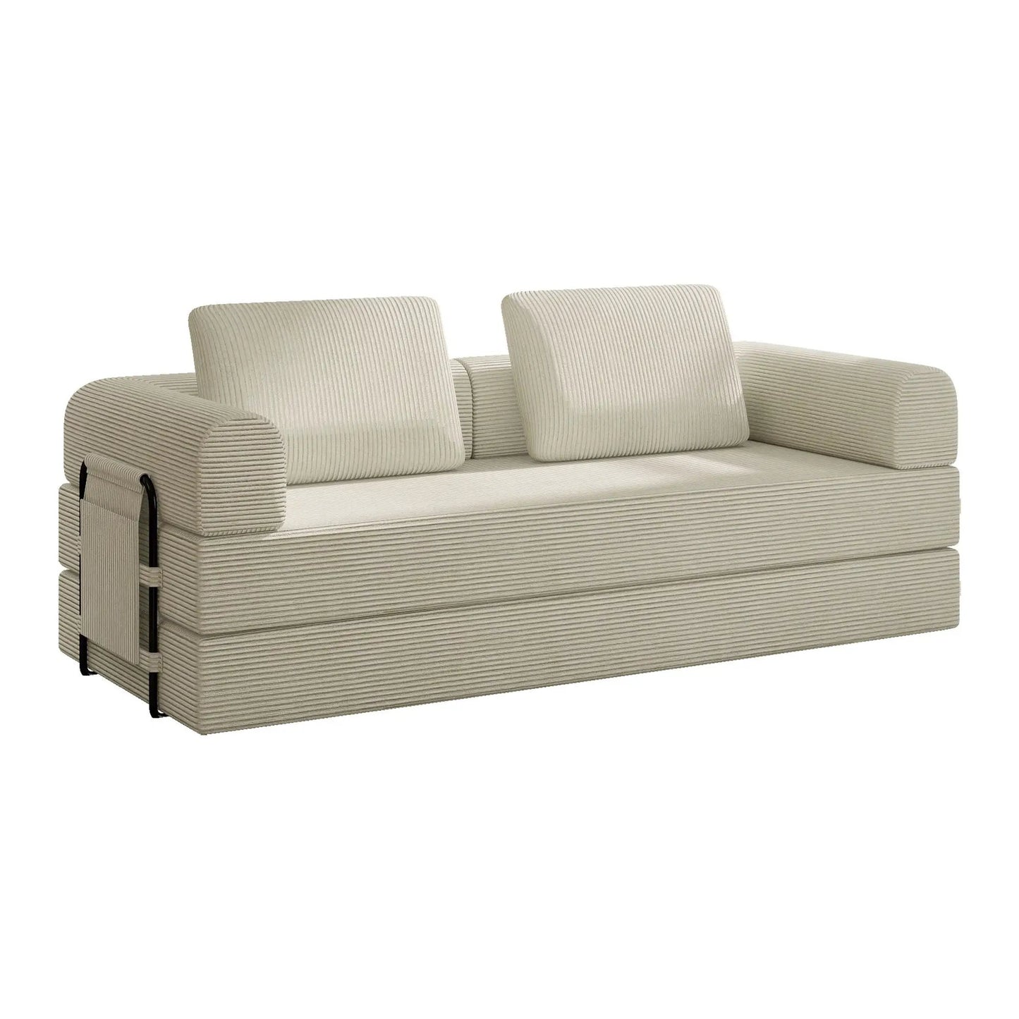 Convertible sleeper sofa bed in ribbed upholstery with cylindrical pillows, fixed frame on Tampa Home & Garden Store