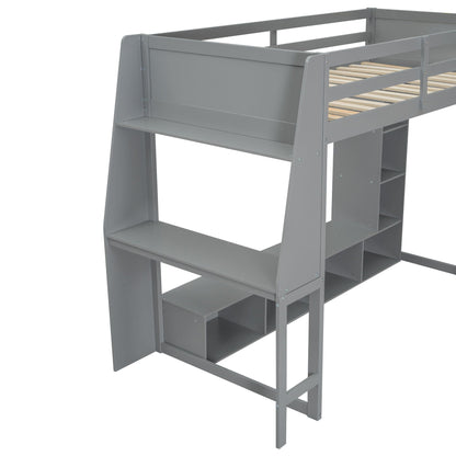 Gaming loft bed frame by HouseOfZazla, gray with built-in desk and storage shelves on Tampa Home & Garden Store