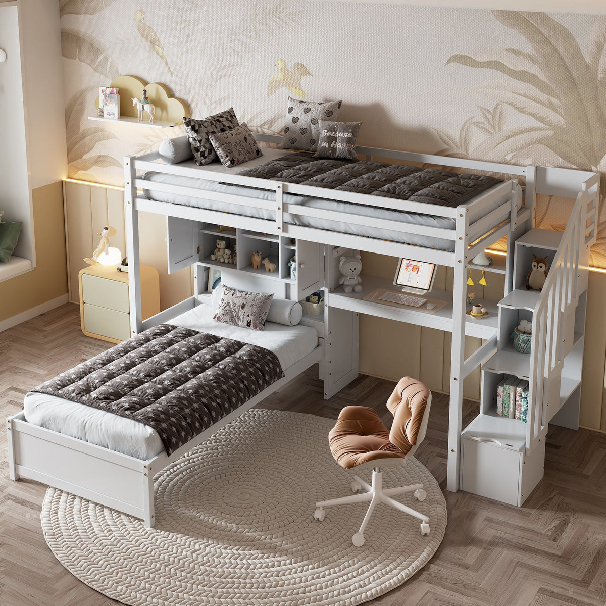 Loft bed with built-in desk and staircase white finish gray bedding cubby storage by HouseOfZazla on Tampa Home & Garden Store
