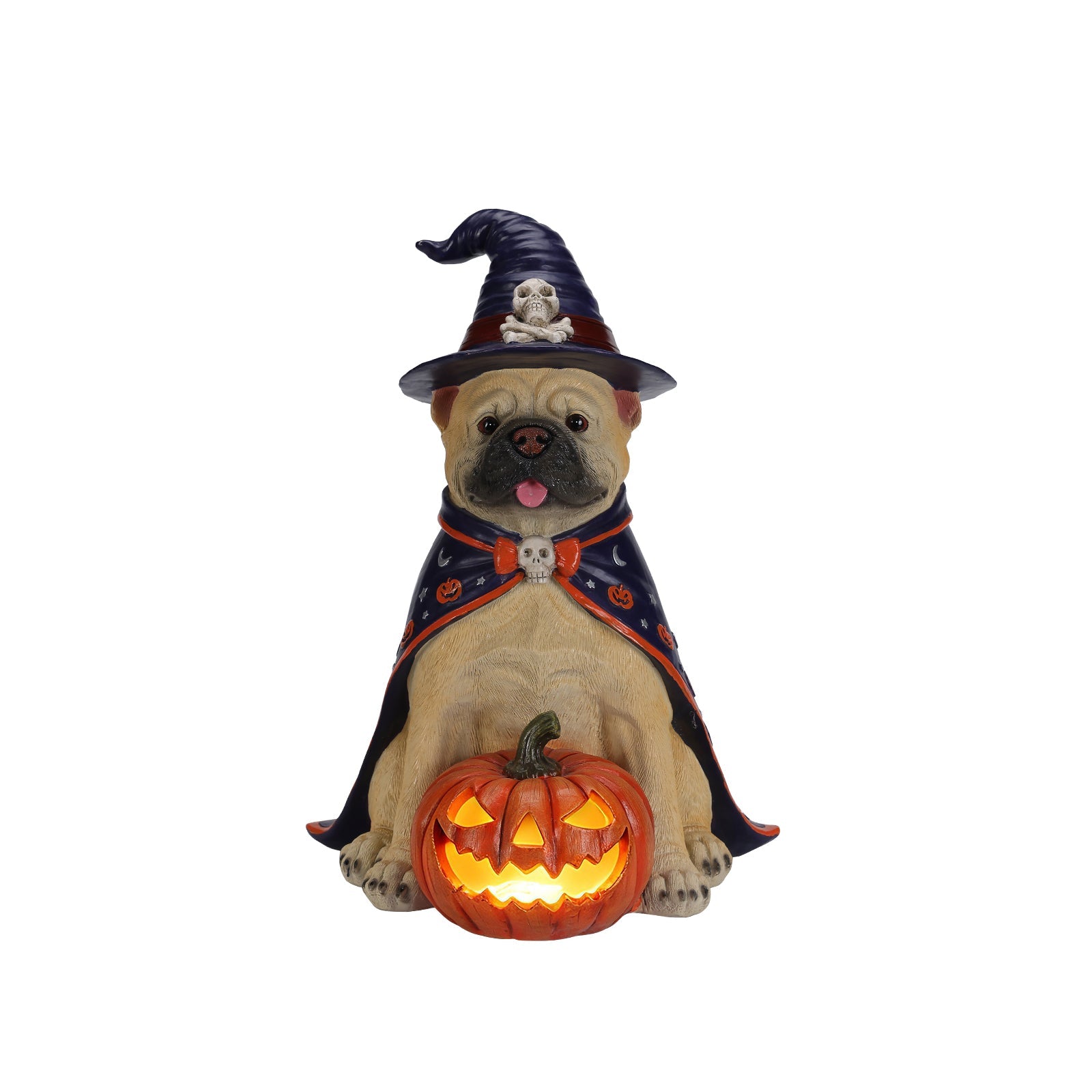 Tan bulldog Halloween statue in witch hat and cape holding a glowing jack-o-lantern pumpkin on Tampa Home & Garden Store