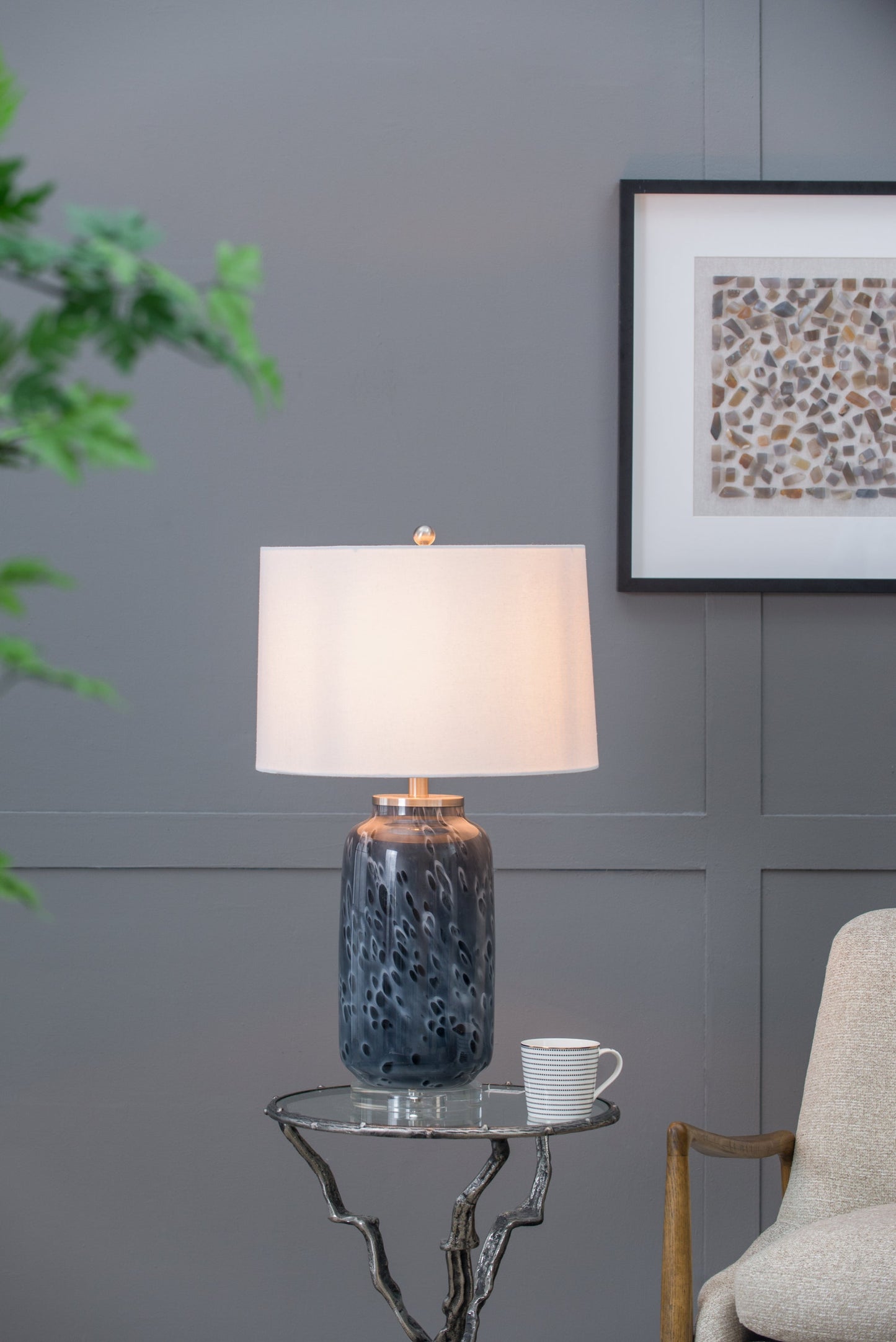 Ellis Glass Table Lamp by HouseOfZazla, blue dotted glass base with white drum shade on Tampa Home & Garden Store