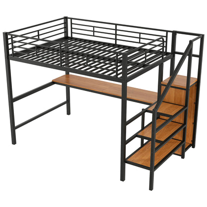 Loft Bed With Desk in black metal frame, storage staircase and LED lighting on Tampa Home & Garden Store