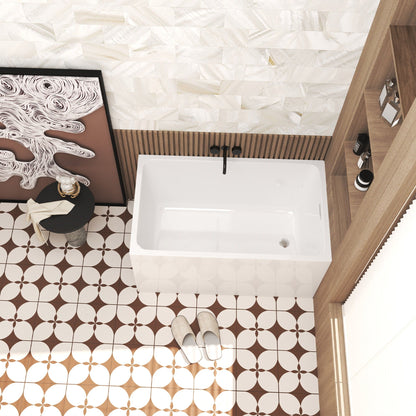 Modern Glossy White Freestanding Acrylic Bathtub with black faucet in a bathroom on Tampa Home & Garden Store