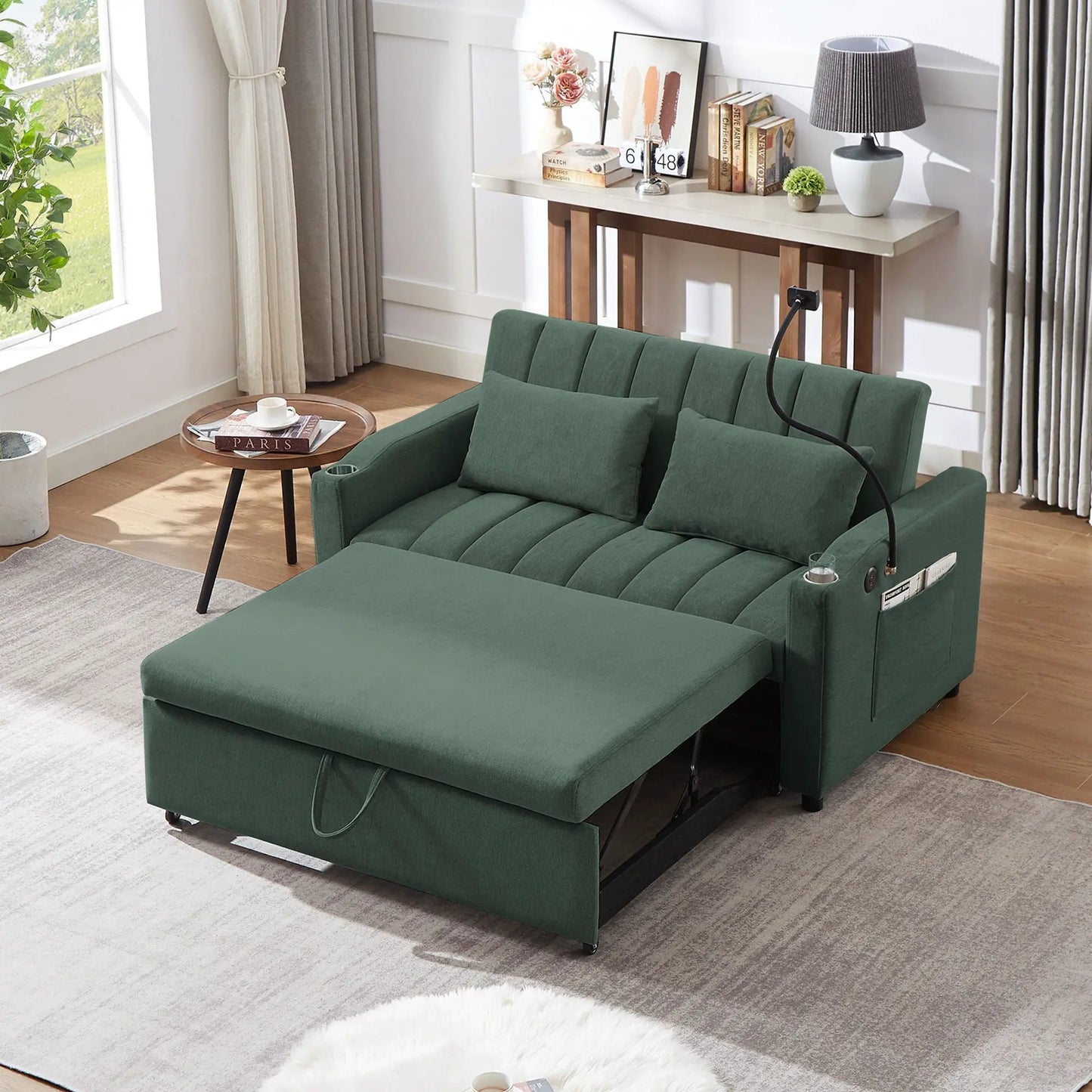 Green sleeper loveseat with chaise, side pockets, USB ports, cup holders and 360° phone holder on Tampa Home & Garden Store
