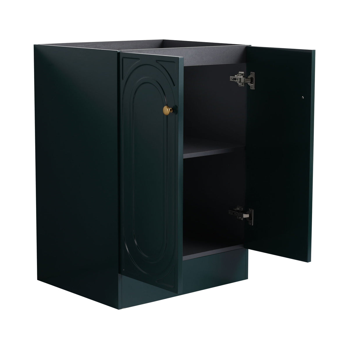 Freestanding bathroom vanity with soft-close doors in dark green finish, two-door cabinet on Tampa Home & Garden Store