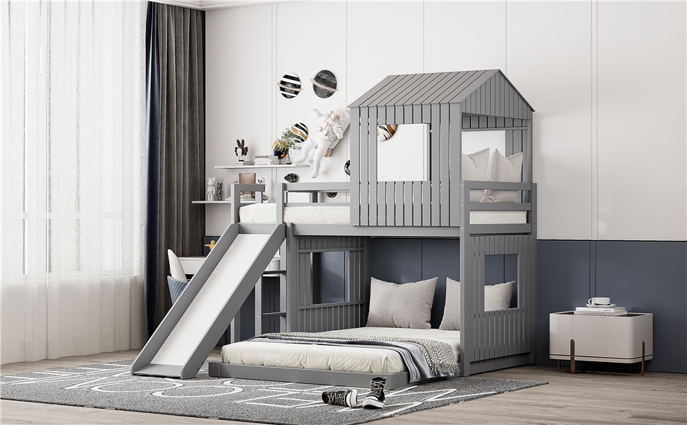 Gray loft bunk bed with playhouse, guardrails and slide by HouseOfZazla in kids room on Tampa Home & Garden Store