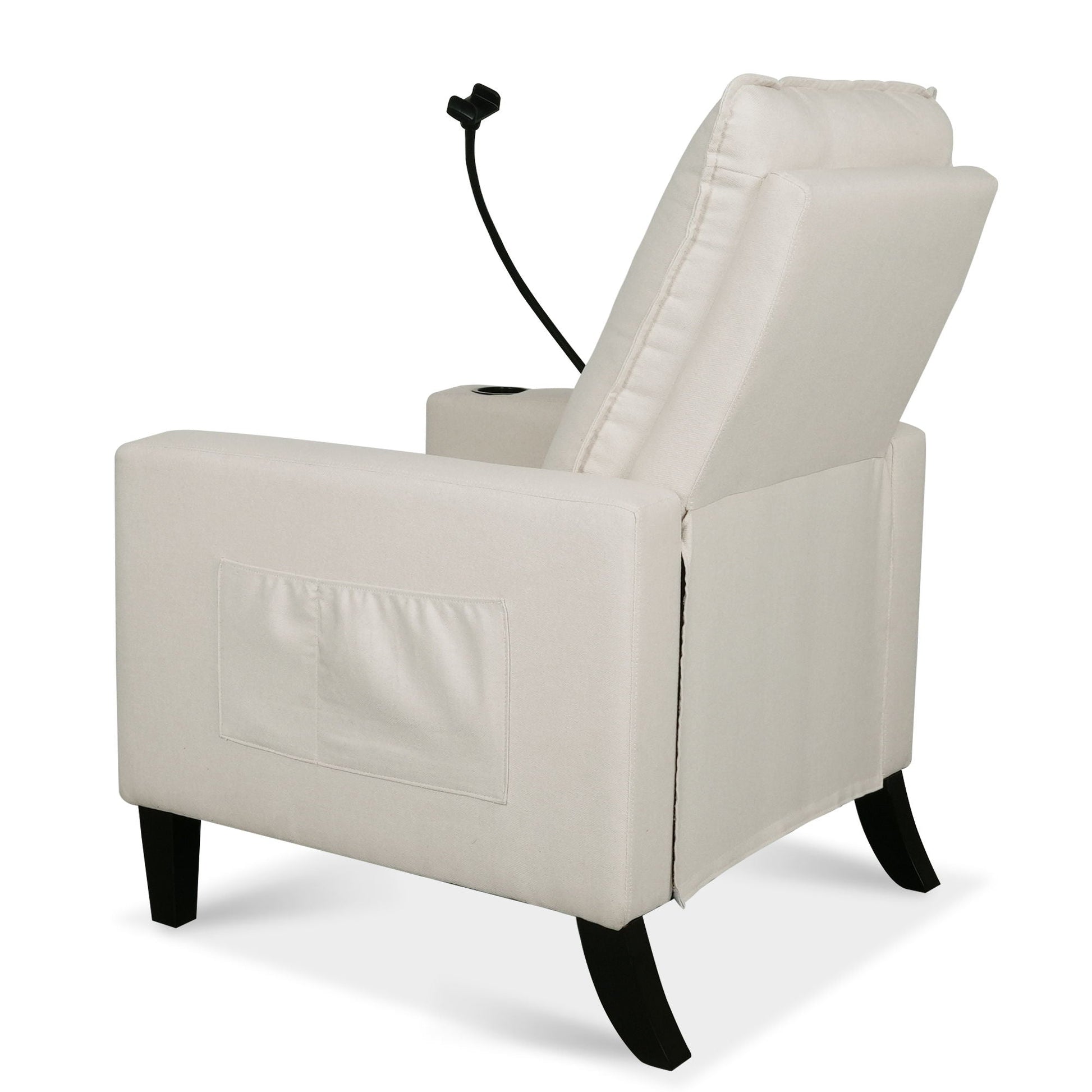 Recliner chair in beige fabric with cup holder and phone holder, pocket, black curved legs on Tampa Home & Garden Store