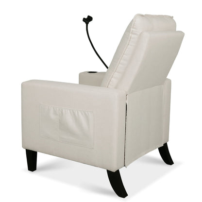 Recliner chair in beige fabric with cup holder and phone holder, pocket, black curved legs on Tampa Home & Garden Store