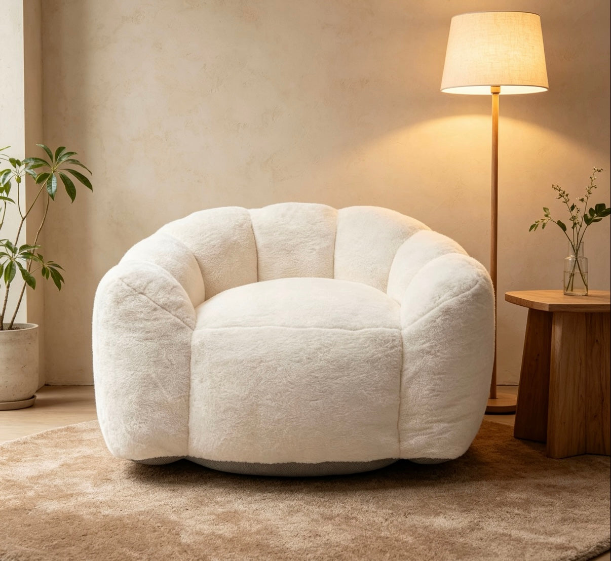 Large single petal cloud lazy sofa chair in cream white plush fabric for cozy lounging on Tampa Home & Garden Store