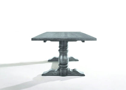 Leventis dining table in weathered gray wood with a carved pedestal base by Unique Piece Furniture on Tampa Home & Garden Store