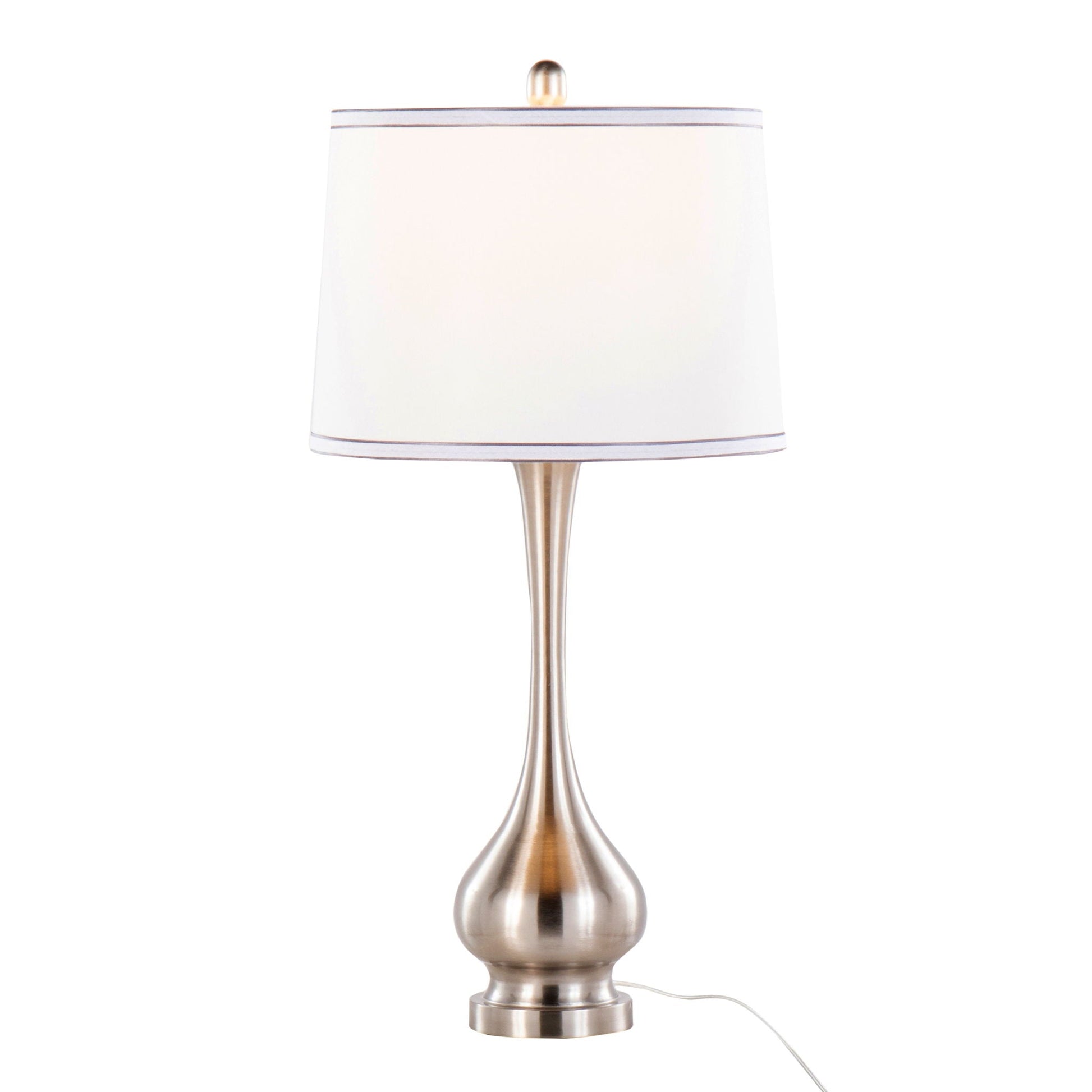 Cairo contemporary table lamp with nickel finish and white shade with silver trim on Tampa Home & Garden Store