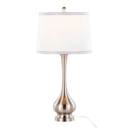 Cairo contemporary table lamp with nickel finish and white shade with silver trim on Tampa Home & Garden Store