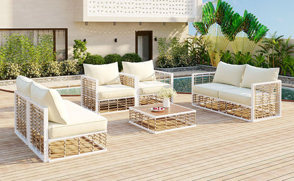 TOPMAX Minimalist 7-Piece Patio Sofa Set white frame with cream cushions by HouseOfZazla on Tampa Home & Garden Store